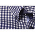 A close-up of a purple and white checkered button-up shirt featuring a collar and button detail.