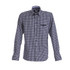 A button-up shirt in navy and white checkered pattern with a chest pocket and a branding logo.