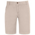 Beige dress shorts featuring a button closure and two front pockets, with a subtle branding logo.