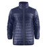 A navy unisex lightweight jacket featuring a zip closure and side pockets, with a logo present on it.
