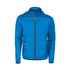 A blue unisex lightweight jacket with a zip front and side pockets, featuring a logo on one side.