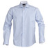 A blue and white striped button-up shirt with long sleeves and a collar, featuring a logo on the label.