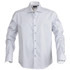 A button-up men's shirt in light blue with vertical white stripes, featuring a collared neckline and long sleeves.
