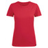 A red women's crew neck tee featuring short sleeves and a fitted design. It includes a logo detail.