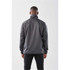 A grey anorak jacket with a high collar, featuring a logo, viewed from the back.