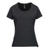 A women's short sleeve tee in dark grey, featuring a round neckline and a logo.
