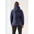 A navy women's quilted hoody with a hood, featuring horizontal stitching and a sleek design.