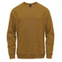 A mustard yellow men's fleece crew neck sweater with a simple design and a logo on the front.