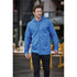 A full zip hooded fleece in blue, featuring a front pocket and a hood, worn by a man in an urban setting.