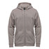A full zip hoody in a muted beige colour featuring a hood and front pockets, with a logo on the chest.