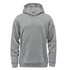A grey fleece pullover hoodie with a front pocket and drawstring hood. It has a branding logo.