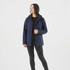 A navy softshell jacket for women featuring a hood and zippered pockets. It includes a logo on the chest.