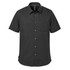A short-sleeved button-up shirt in black with a subtle speckled pattern and a chest pocket. Features branding.