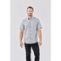 A short-sleeved button-up shirt in light grey, featuring a collar and a front button closure. It has a logo.