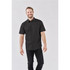 A short-sleeved black button-up shirt worn by a smiling man, featuring a simple design and a logo on the chest.