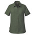 A green short-sleeved button-up shirt with a front pocket and a logo on the label.