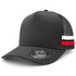 A striped trucker cap in black, featuring mesh panels and red and white stripes on the side. It has a logo on the front.