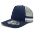 A navy blue trucker cap with a mesh back, featuring a flat brim and a logo on the front.
