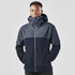 A rain jacket in navy and grey, featuring a hood and zippered front, with a logo on the sleeve.