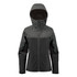 A women's jacket in dark green and black, featuring a hood and a logo on the design.