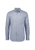 A men's long sleeve button-up shirt in a classic check pattern, featuring shades of blue and white. The shirt has a logo.