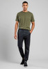 Men's jogger pants in black, paired with an olive green t-shirt. The pants have an elastic waist and a logo.
