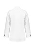A white long sleeve chef jacket with a classic collar and side slits, featuring a logo on the back.