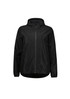 A black women's rain jacket featuring a hood, front zip, and side pockets. It has a minimalist design with a logo.
