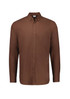 A brown long sleeve button-up shirt featuring a single chest pocket and a collar, with a logo on the label.