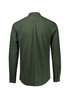 A long-sleeve button-up shirt in olive green, featuring a back yoke and button cuffs, with a logo.