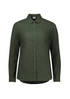 A green long sleeve button-up shirt designed for women, featuring a classic collar and a subtle texture.
