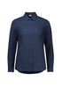 A women's long sleeve button-up shirt in navy blue with a collared neckline and a logo.