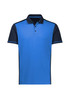 A short sleeve polo shirt in bright blue, featuring a dark blue collar and side panels, with a logo on the chest.