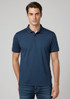 A navy blue men's short sleeve polo shirt with a classic collar, featuring a logo on the chest.