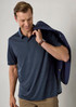 A navy men's polo shirt worn with a blazer, featuring a collar and three buttons, showcasing a casual yet polished look.