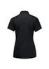 A black short sleeve polo shirt for women featuring a collar and a branding logo. Back view is displayed.