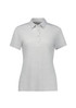 A women's short sleeve polo in a light grey colour with a button-up collar and a logo.