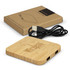 A bamboo wireless charging hub with two USB ports, accompanied by a brown cardboard packaging and a USB cable.