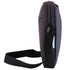 A side view of a grey and black laptop shoulder bag with a strap and a small logo.