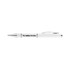 A white plastic pen with a silver clip and a logo on the barrel.