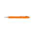 An orange plastic pen with a silver clip and a metallic tip, featuring a logo.