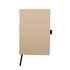 A beige A5 notebook with a black elastic band closure and a simple design. Includes a logo on the cover.