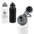 A drink bottle featuring a sleek white and black design with a grey lid and a logo. It has a wide spout for easy pouring.
