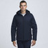 A man wearing a navy Ascend X10 soft shell jacket with a hood, featuring a zipped front and pockets.