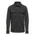 A dark grey fleece shacket featuring a button-up front and two chest pockets. Includes a logo on the garment.