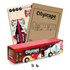 A wooden model bus in red, featuring cityscape designs, accompanied by design templates and instruction sheet.