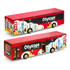 A red wooden model bus featuring cityscape illustrations and a logo, displaying iconic landmarks and travel themes.