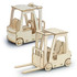A wooden model of a forklift with two sections, featuring wheels and a steering wheel, in a natural wood finish.