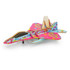 A wooden model of a jet fighter in pink and blue with colourful patterns. It features a branding logo on it.