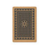 A playing card features a navy blue design with intricate patterns on a kraft background. It includes a branding logo.
